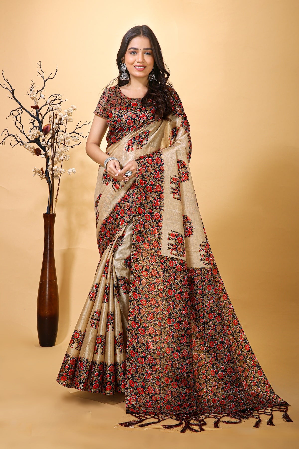 Resham - Red Cream Art Silk Printed Saree