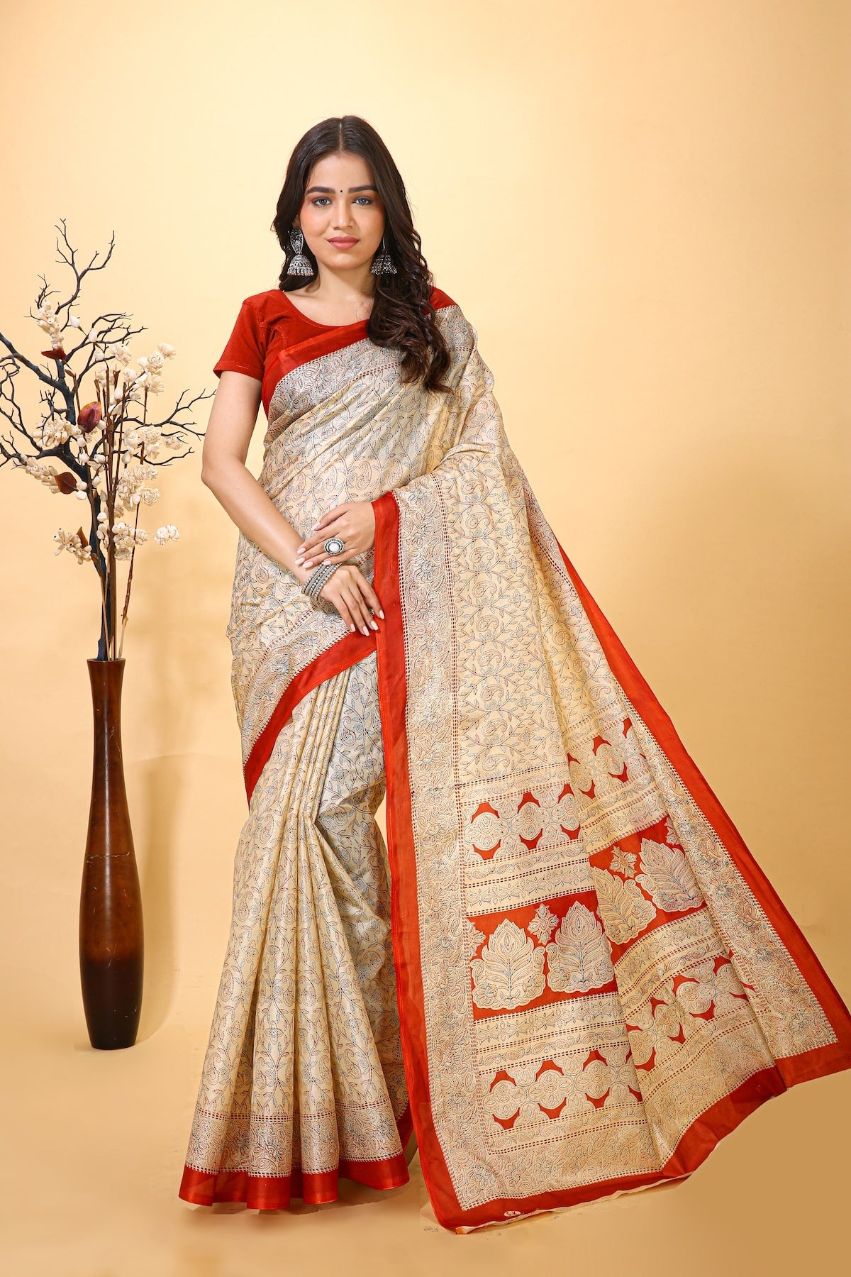 Ankur - Red Cream Cotton Embroidered Saree