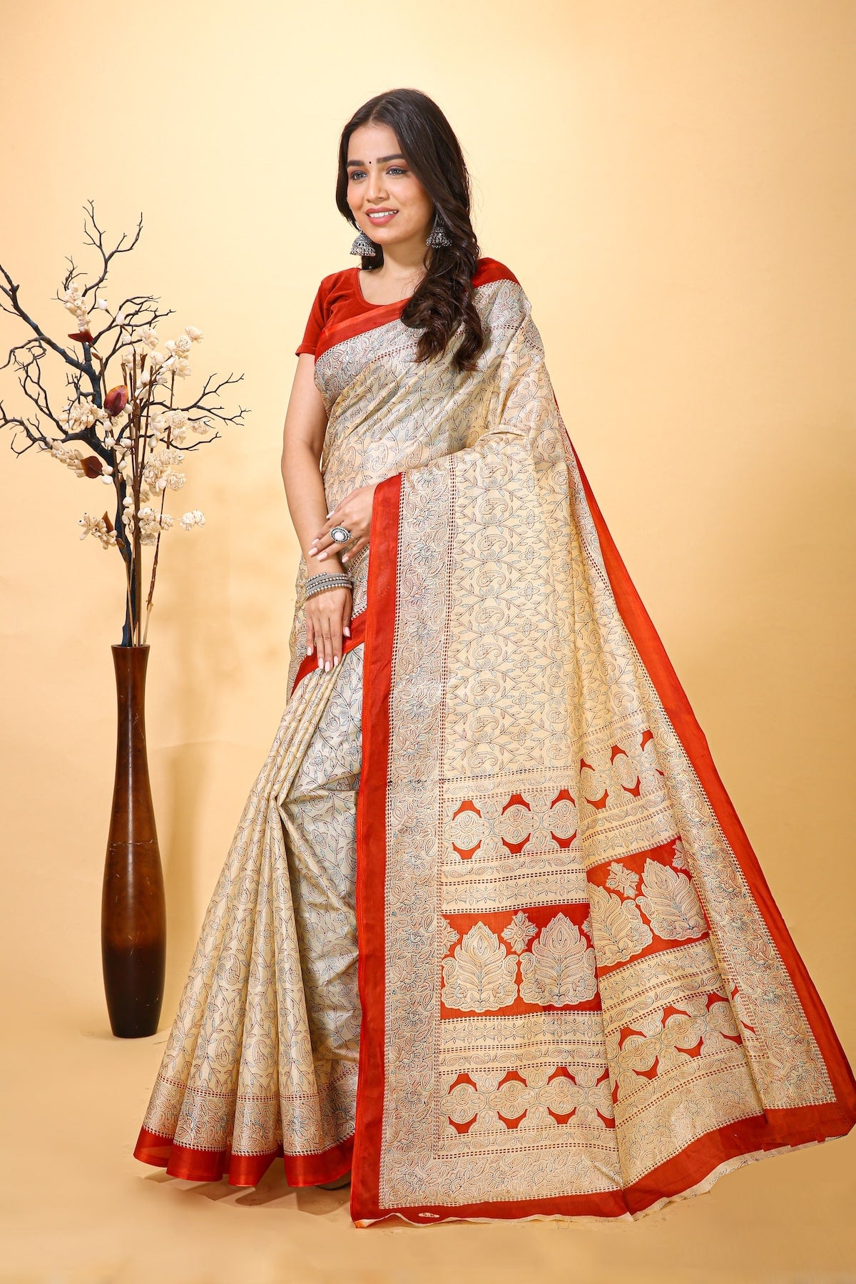 Ankur - Red Cream Cotton Embroidered Saree