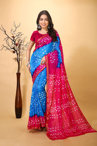 Jashn - Blue Pink Bandhani Printed Saree