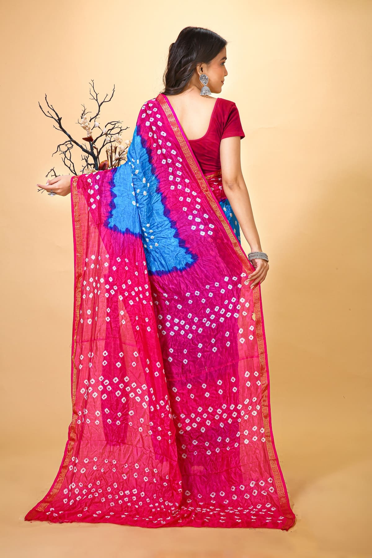 Jashn - Blue Pink Bandhani Printed Saree