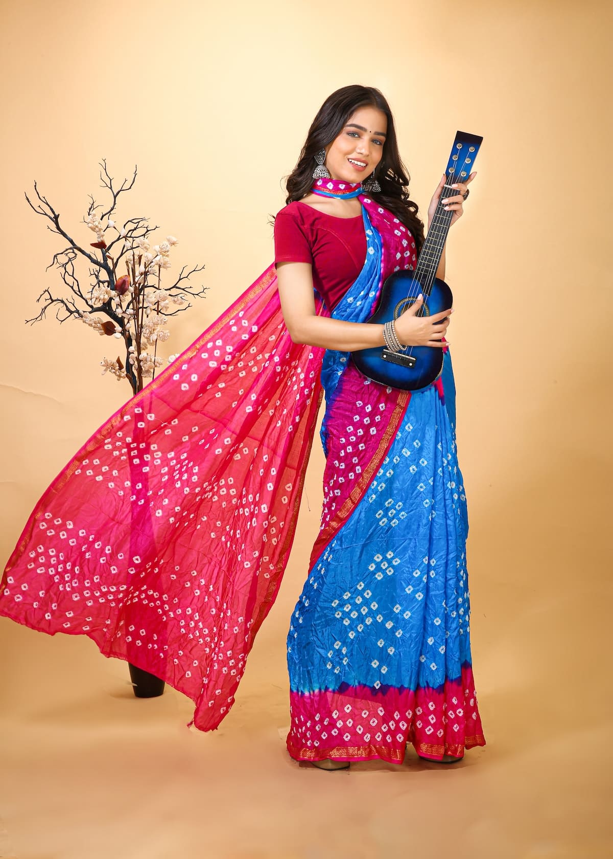 Jashn - Blue Pink Bandhani Printed Saree