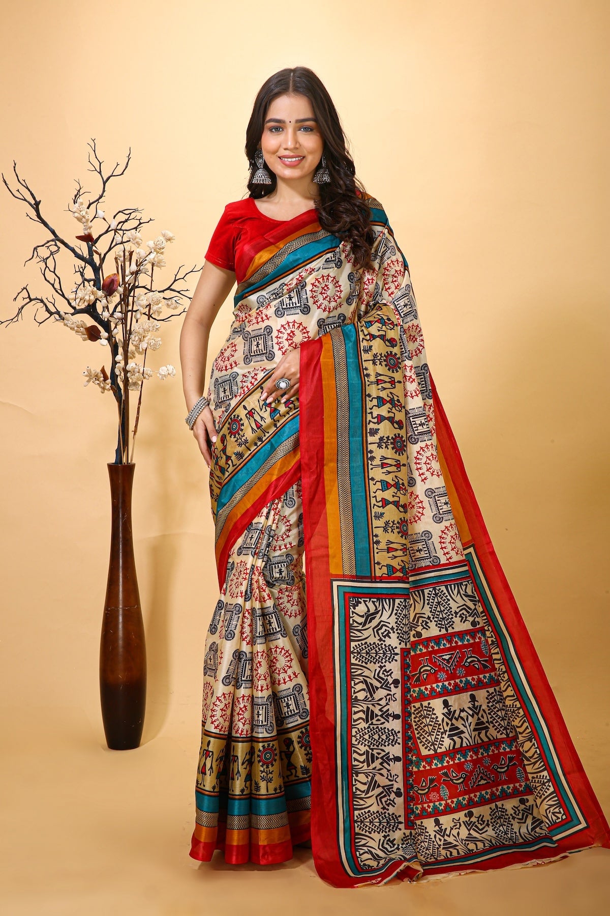 Chitrakala - Cream Red Cotton Blend Saree