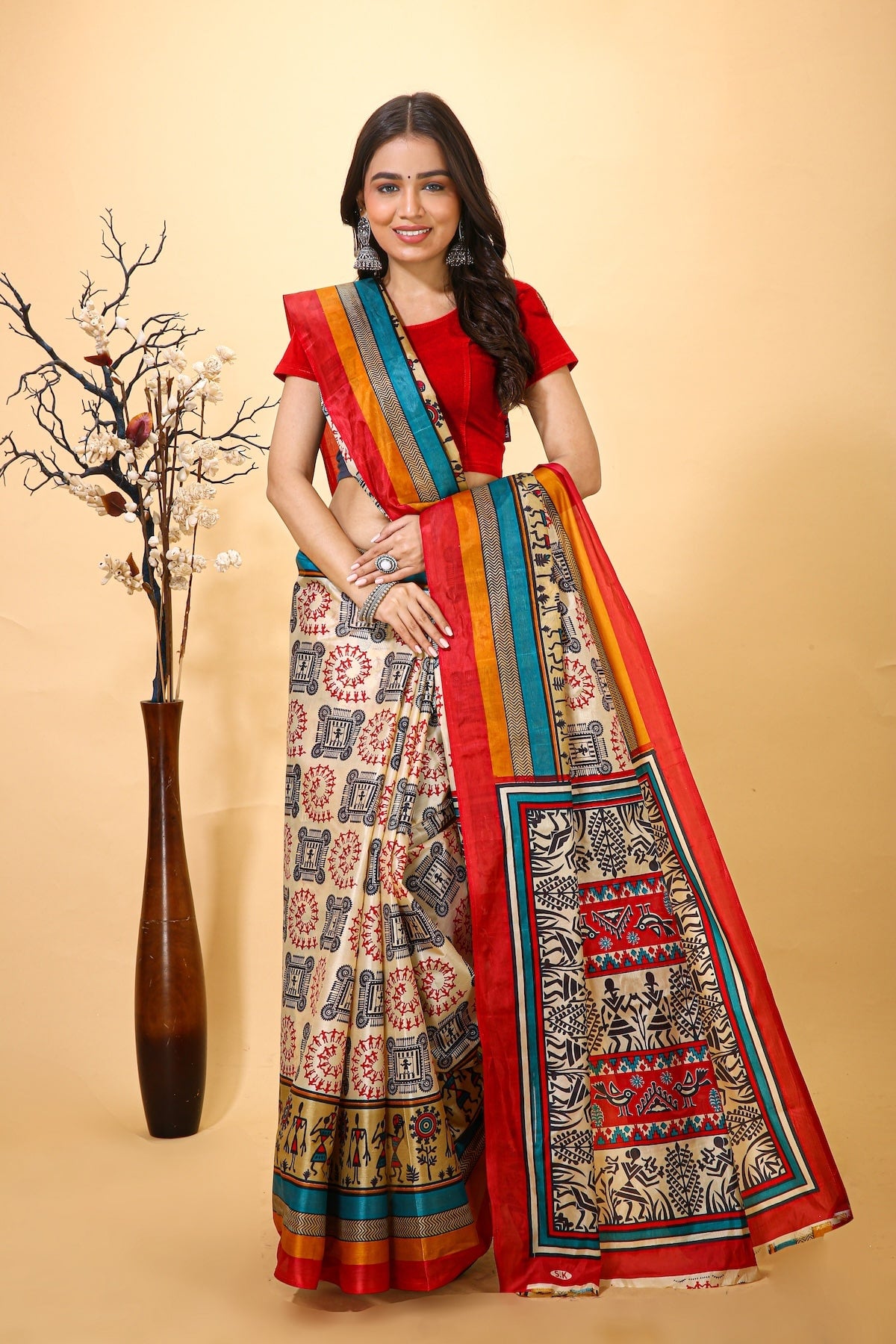 Chitrakala - Cream Red Cotton Blend Saree