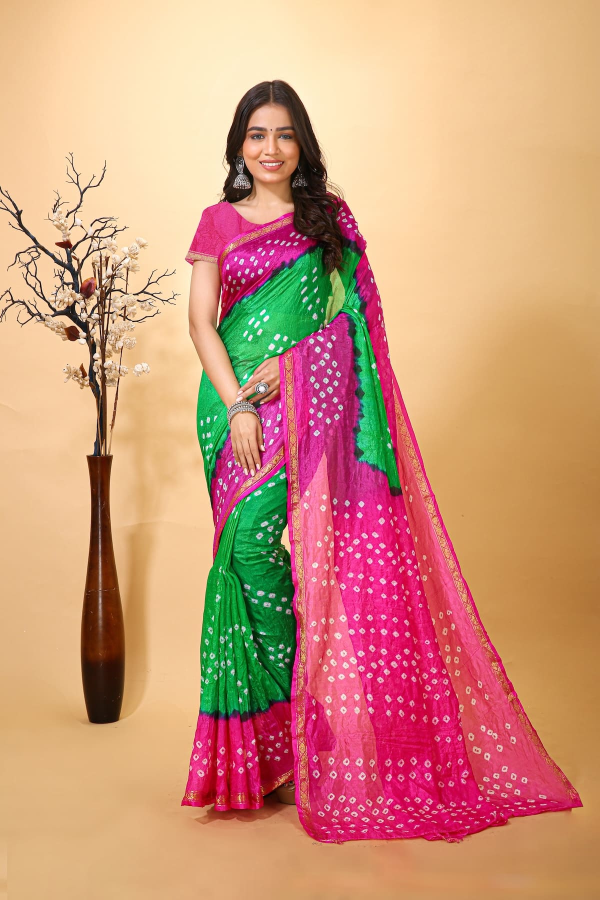 Jashn - Green Pink Bandhani Printed Saree