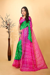 Jashn - Green Pink Bandhani Printed Saree