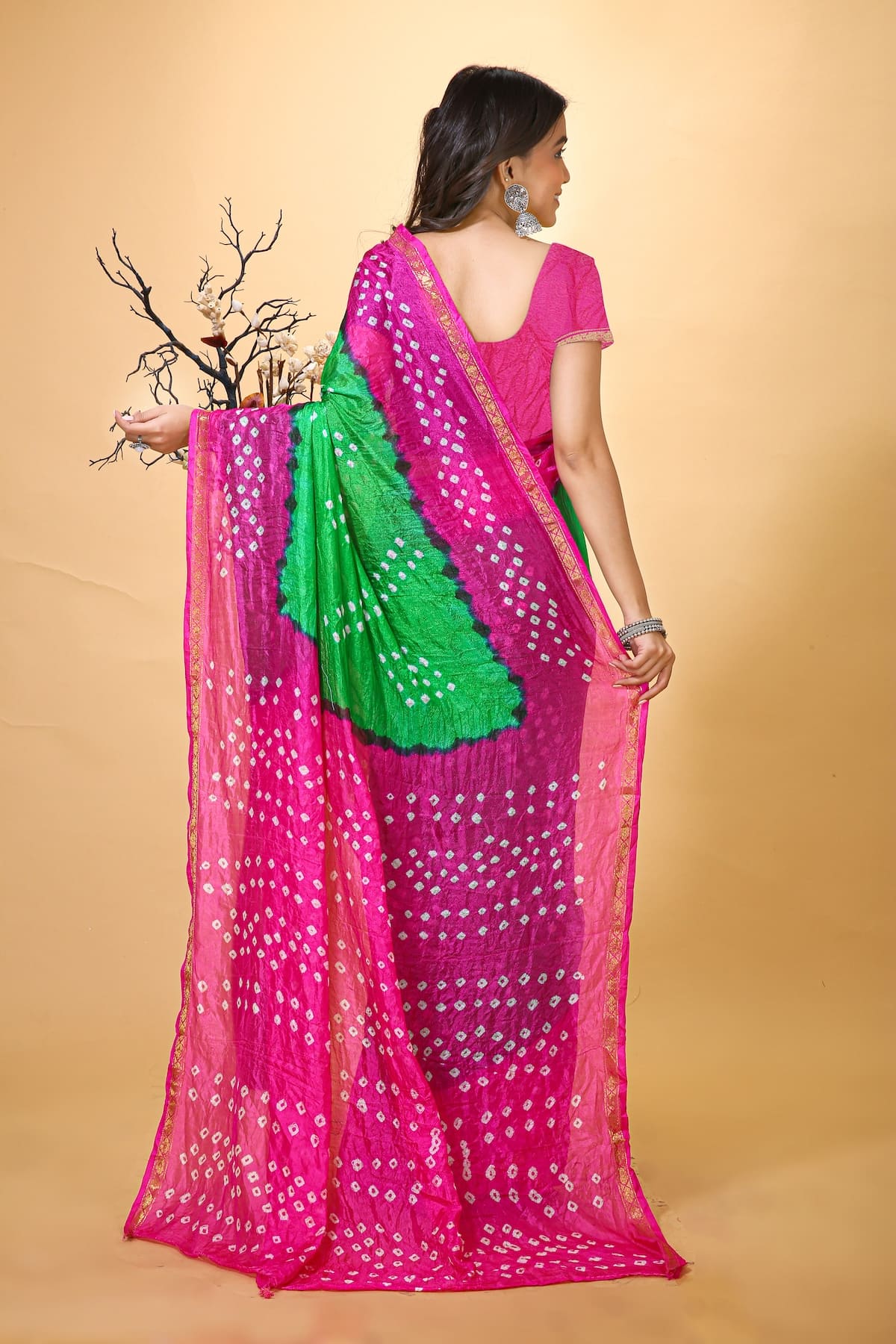 Jashn - Green Pink Bandhani Printed Saree