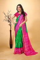 Jashn - Green Pink Bandhani Printed Saree