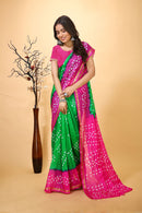 Jashn - Green Pink Bandhani Printed Saree