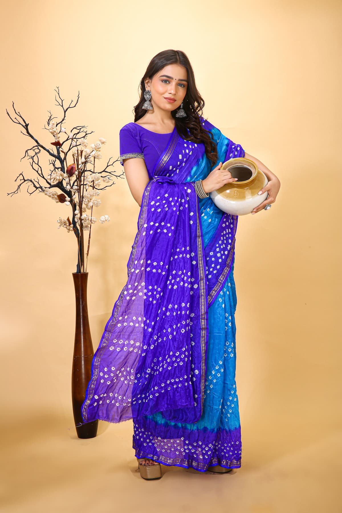 Jashn - Blue Bandhani Printed Saree