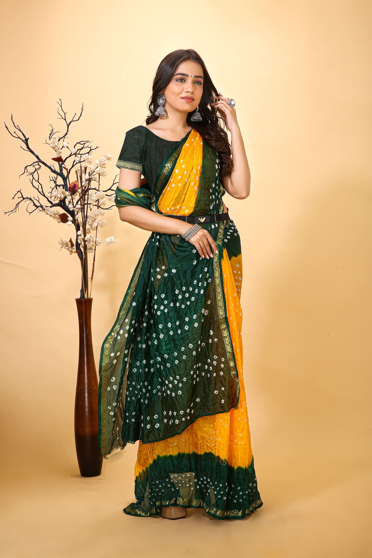 Jashn - Yellow Green Bandhani Printed Saree