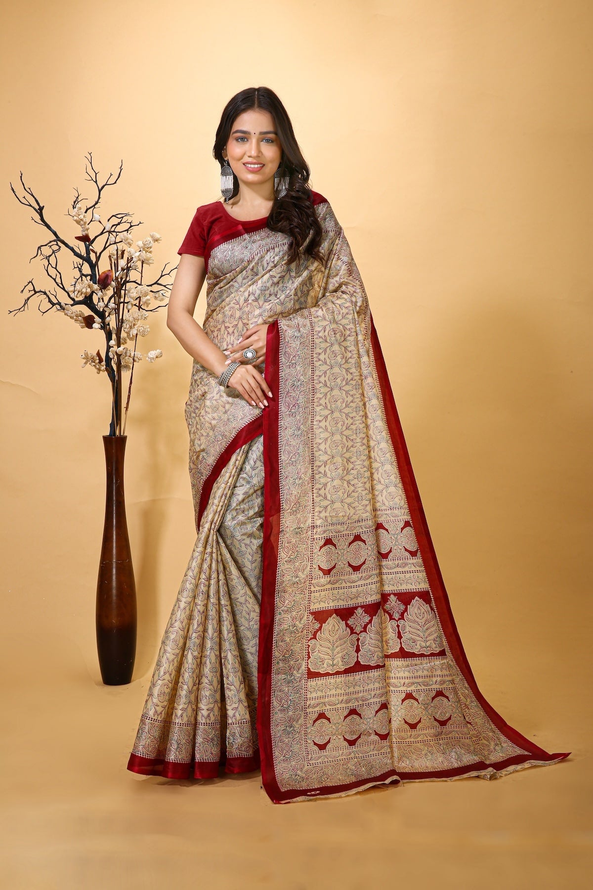 Ankur - Maroon Cream Cotton Embroidered Saree