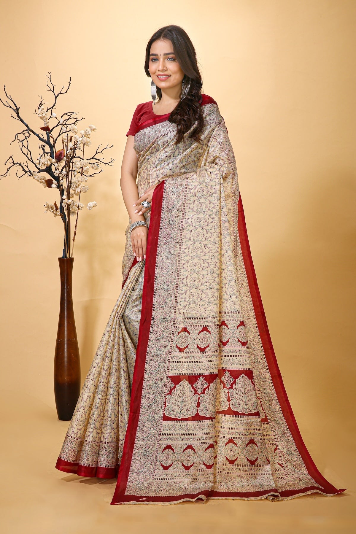 Ankur - Maroon Cream Cotton Embroidered Saree