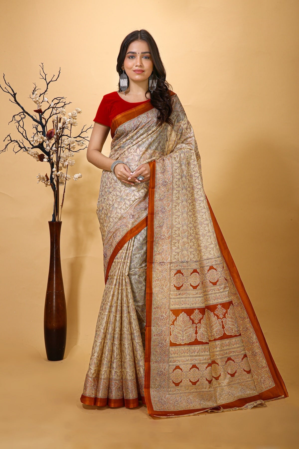 Ankur - Orange Cream Cotton Embroidered Saree