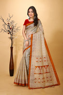 Ankur - Orange Cream Cotton Embroidered Saree