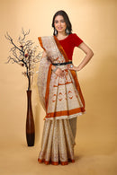 Ankur - Orange Cream Cotton Embroidered Saree