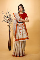 Ankur - Orange Cream Cotton Embroidered Saree