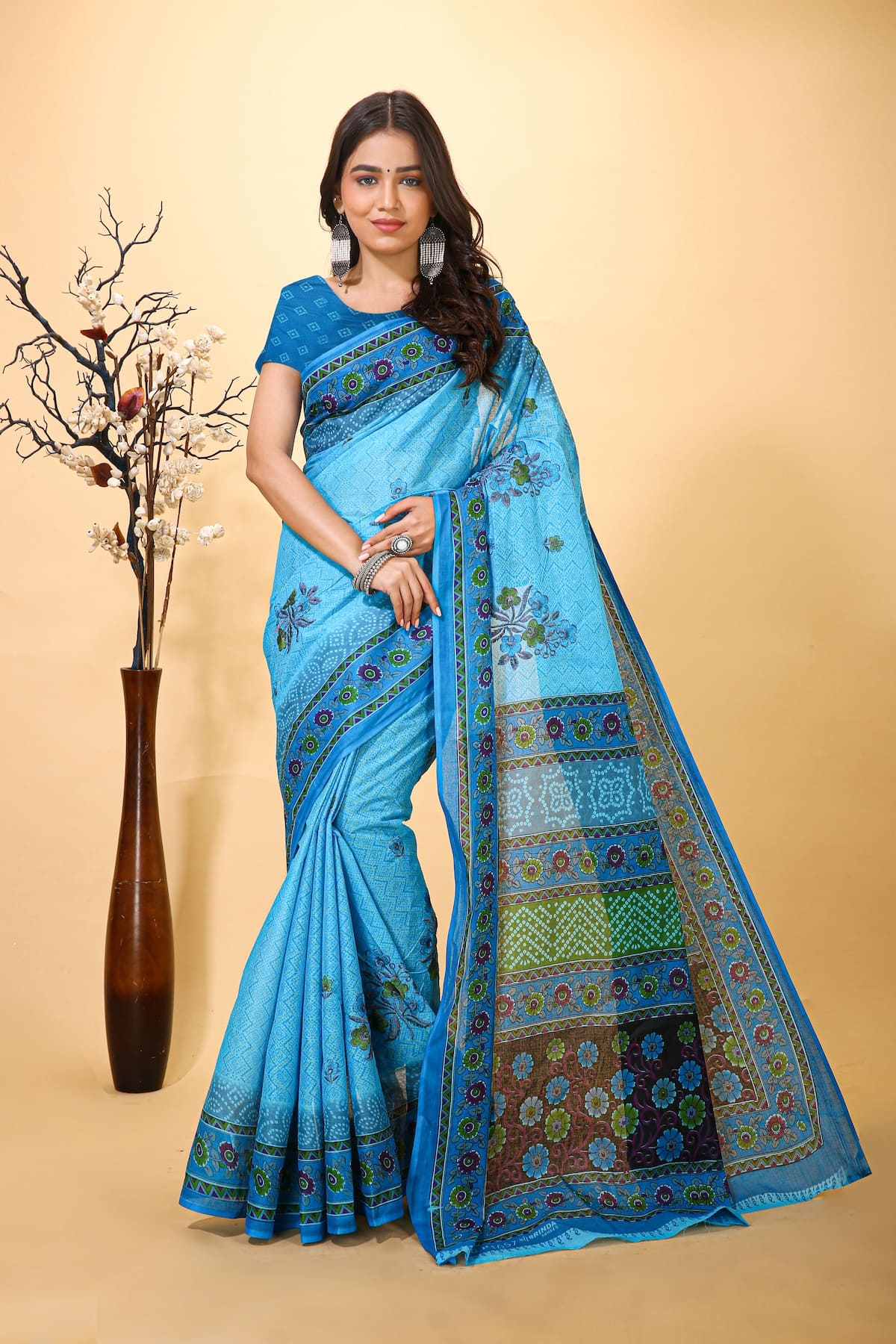 Suman - Blue Cotton Flower Print Saree