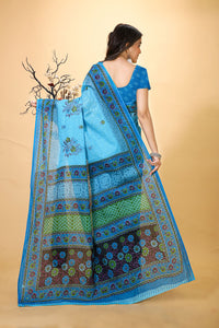 Suman - Blue Cotton Flower Print Saree