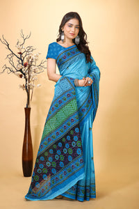 Suman - Blue Cotton Flower Print Saree