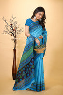 Suman - Blue Cotton Flower Print Saree