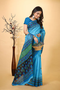 Suman - Blue Cotton Flower Print Saree