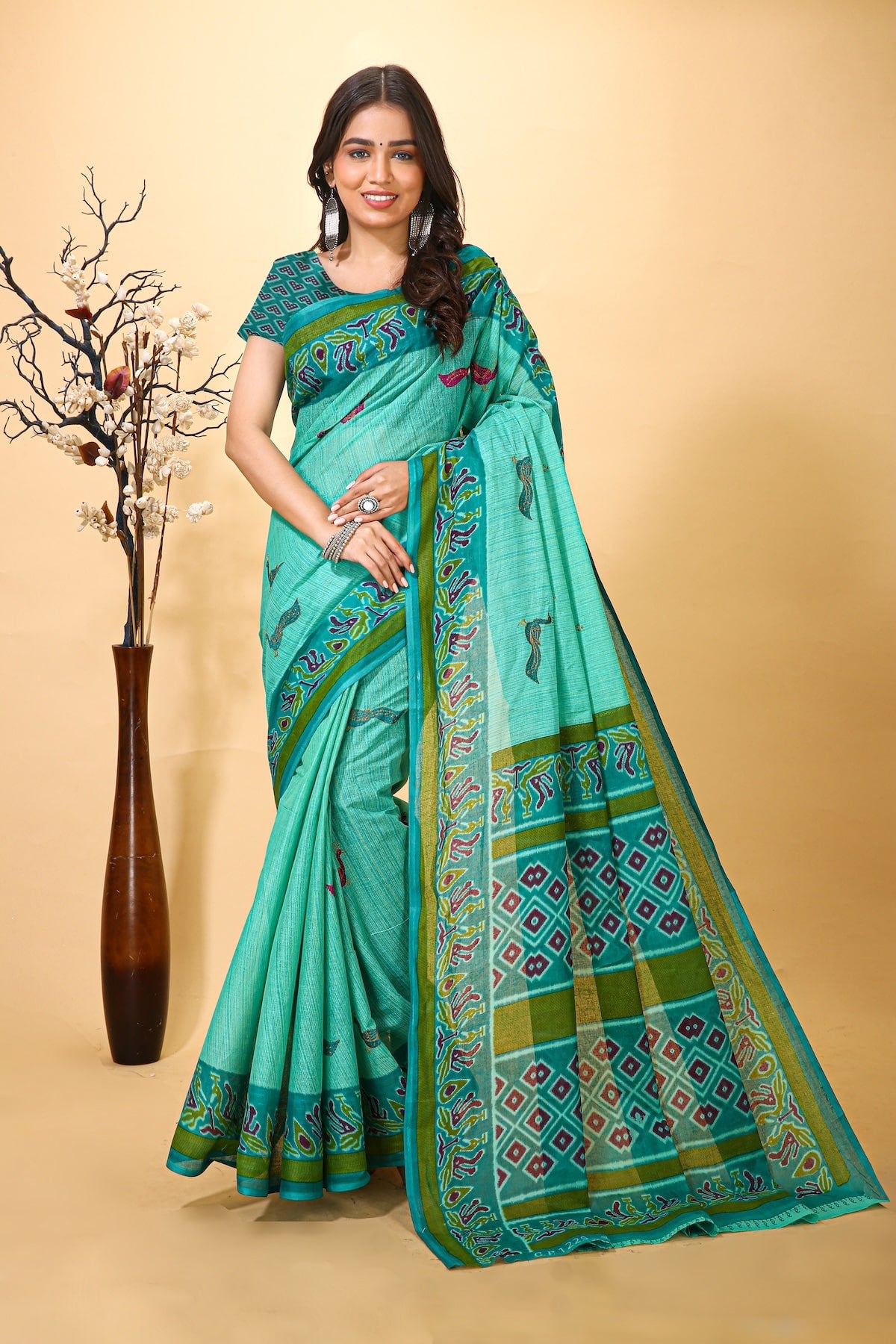 Vatika - Green Cotton Peacock Print Saree