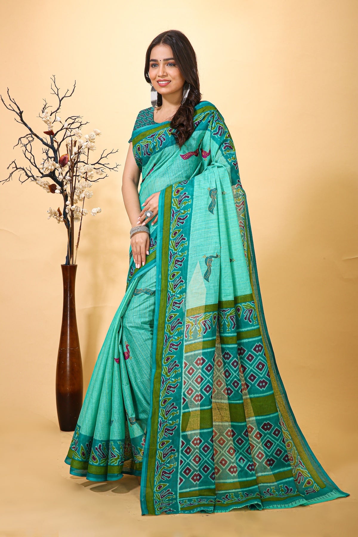 Vatika - Green Cotton Peacock Print Saree