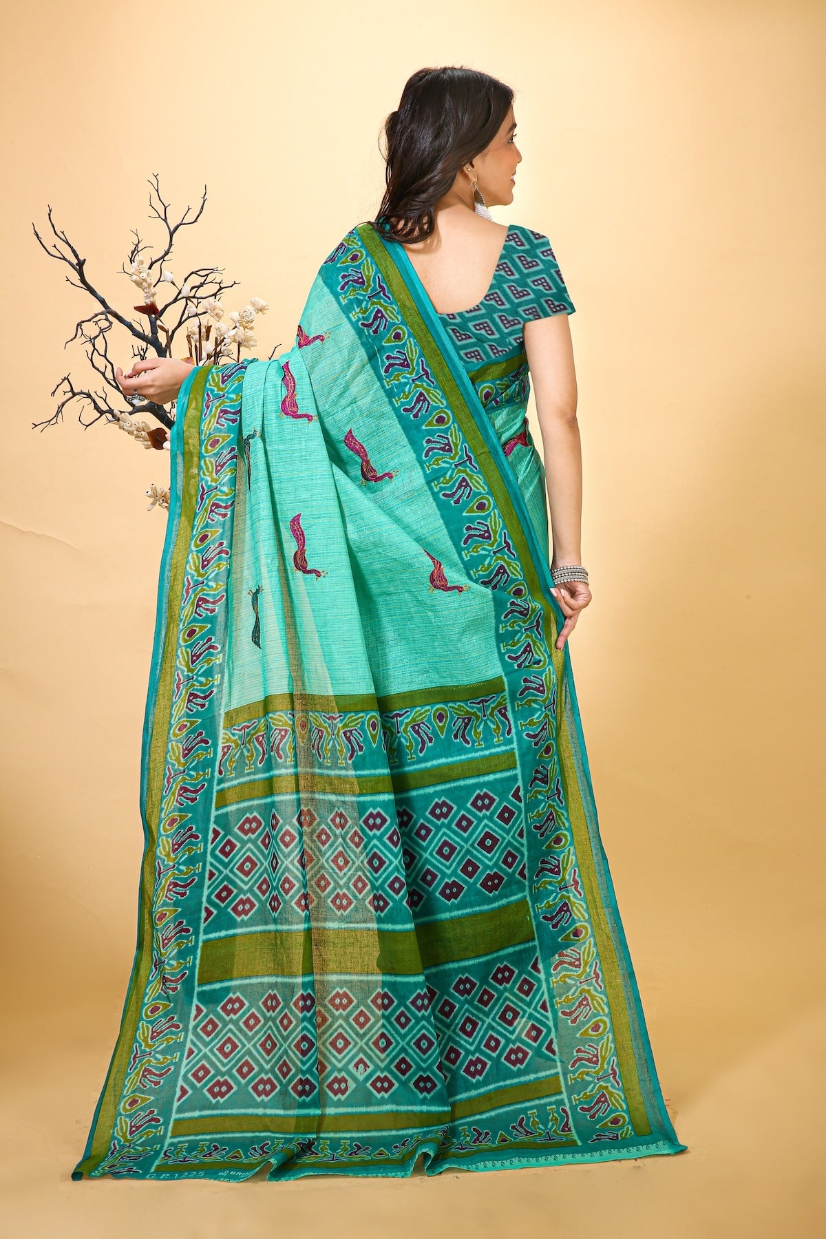 Vatika - Green Cotton Peacock Print Saree