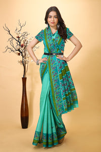 Vatika - Green Cotton Peacock Print Saree