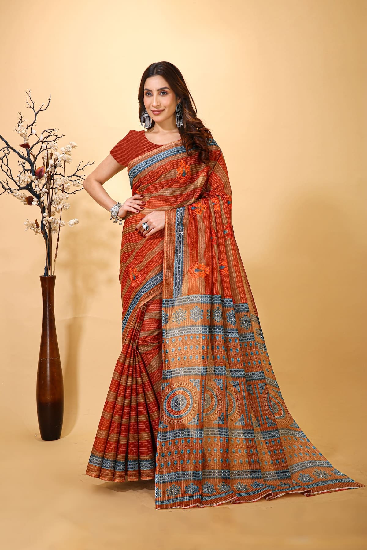 Rangini - Red Blue Cotton Saree