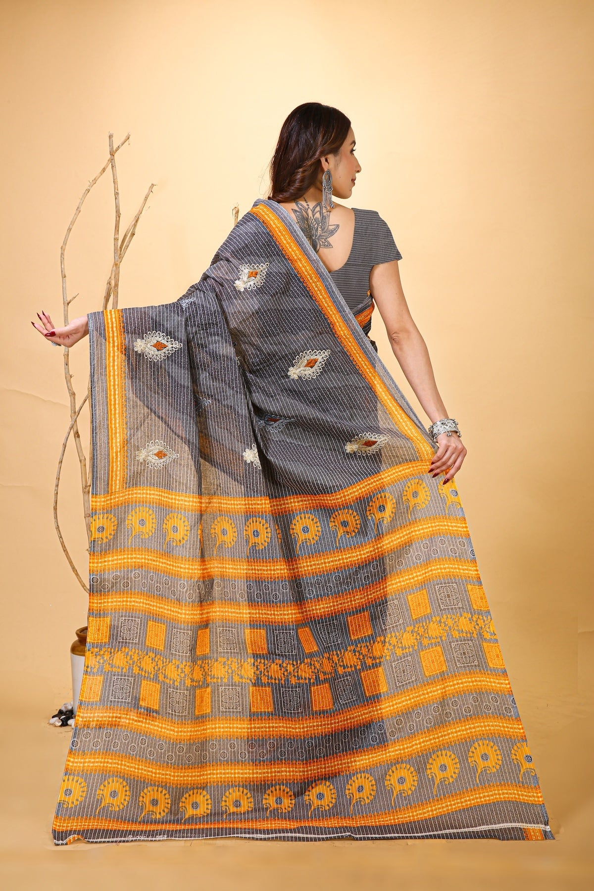 Mridul - Yellow Grey Cotton Saree