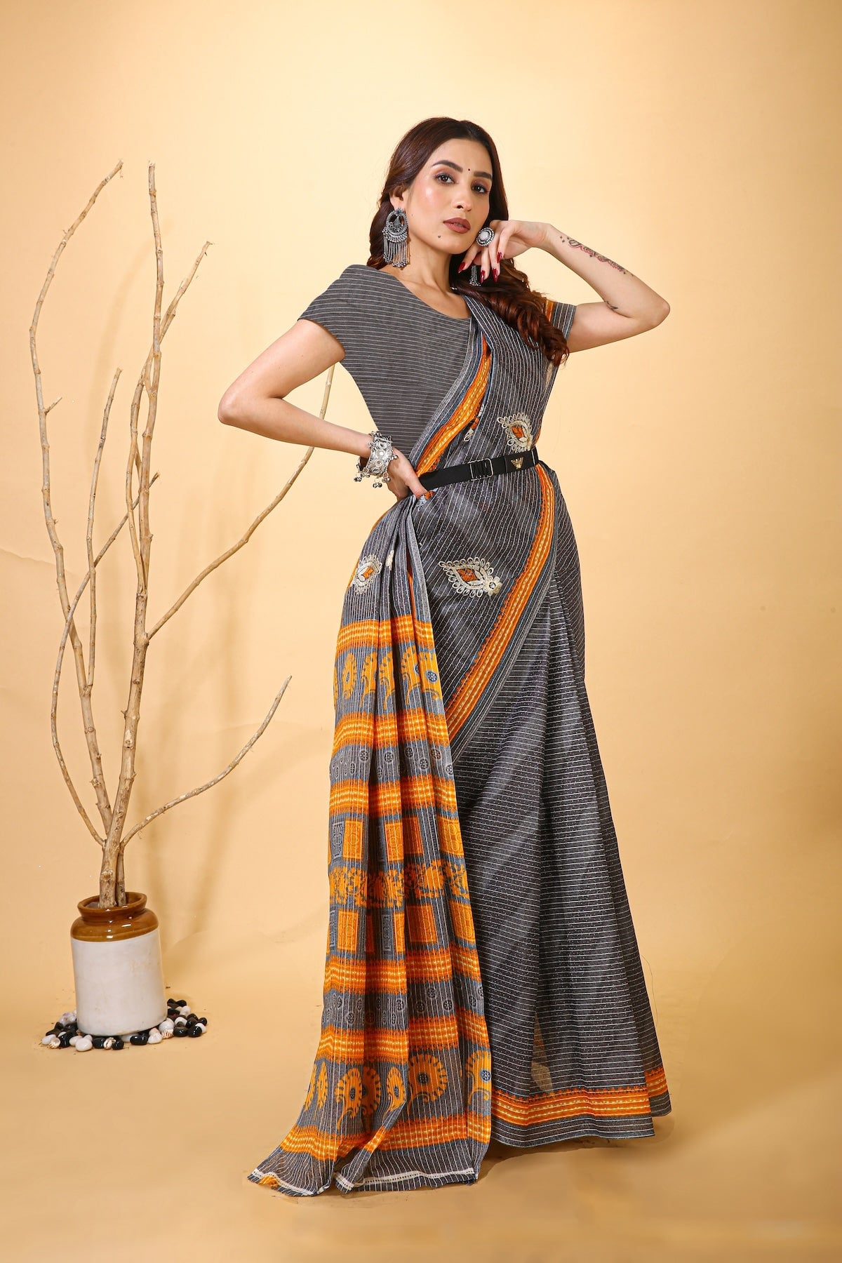 Mridul - Yellow Grey Cotton Saree