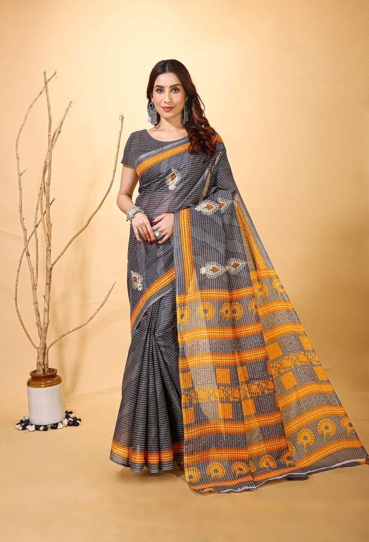 Mridul - Yellow Grey Cotton Saree