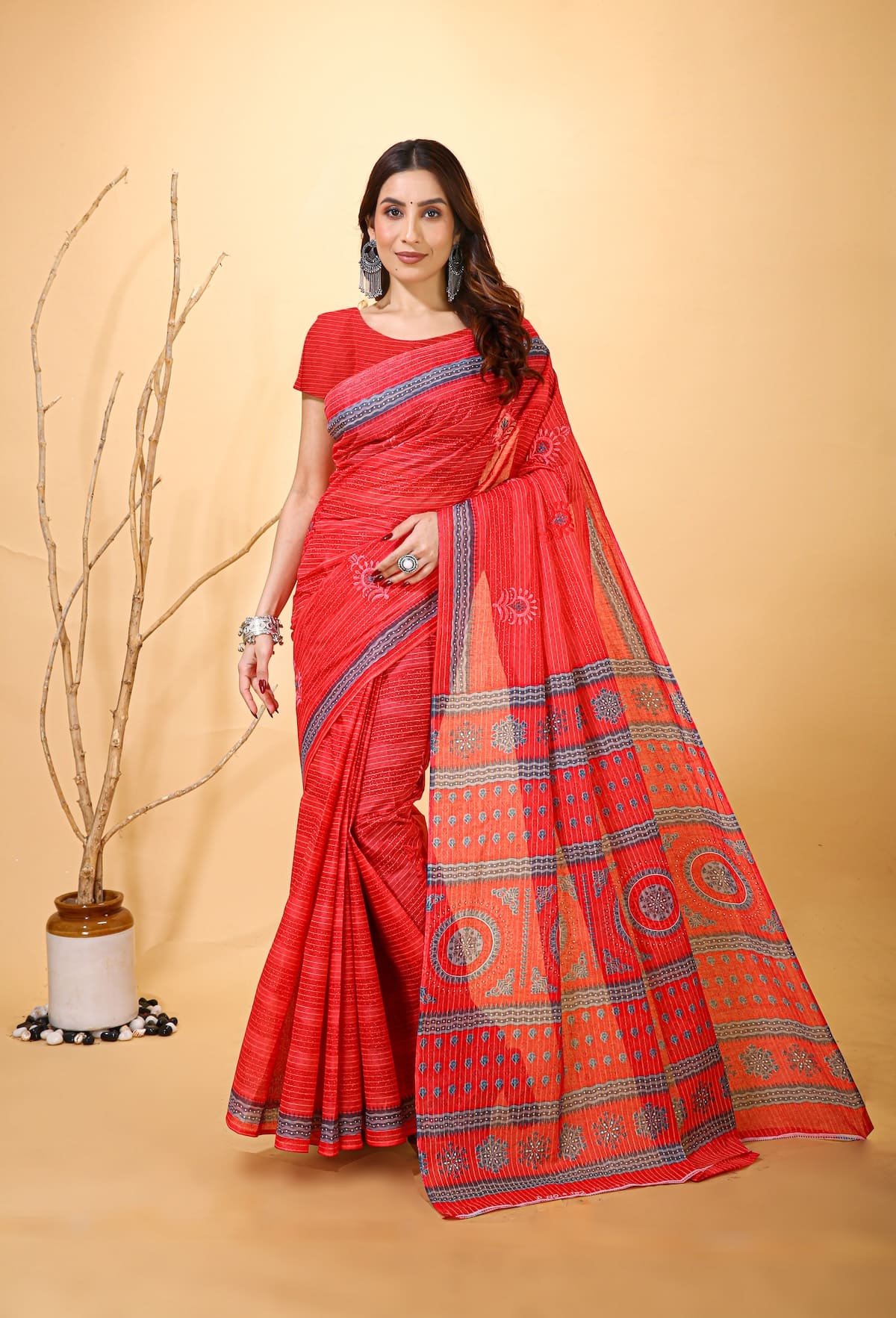 Rangini - Red Grey Cotton Saree