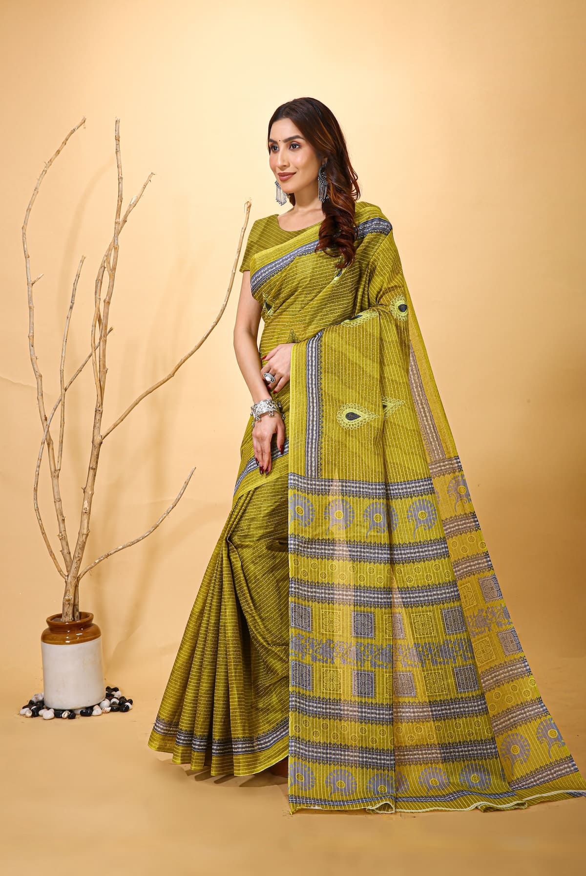 Mridul - Green Grey Cotton Saree