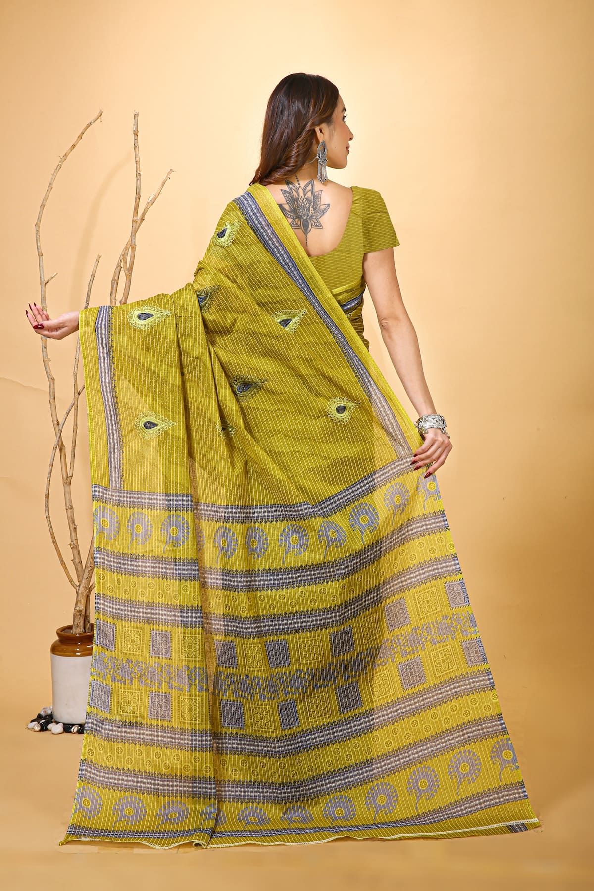 Mridul - Green Grey Cotton Saree