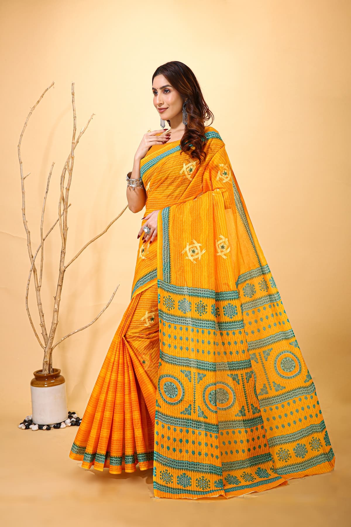 Rangini - Yellow White Cotton Saree