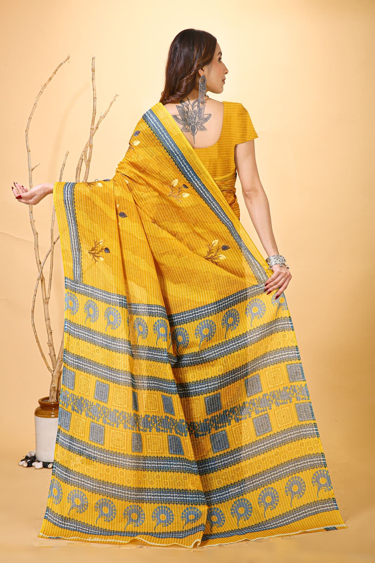 Mridul - Yellow Blue Cotton Saree