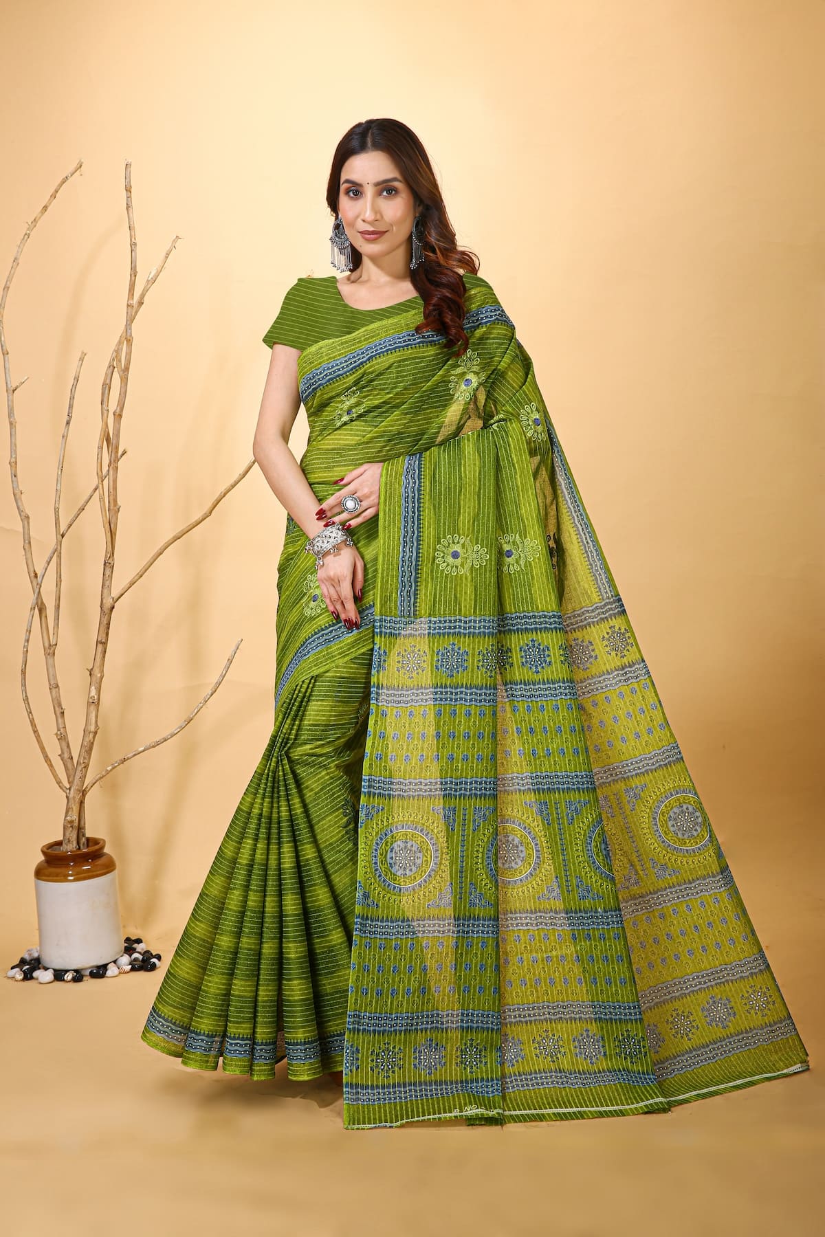 Rangini - Green Grey Cotton Saree