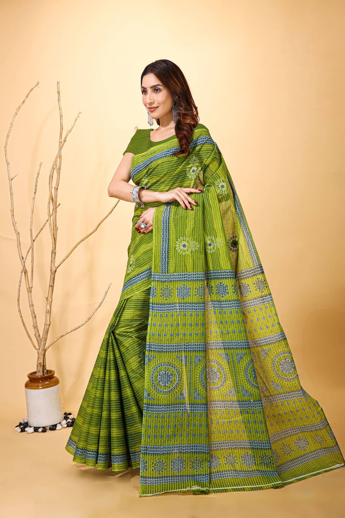 Rangini - Green Grey Cotton Saree