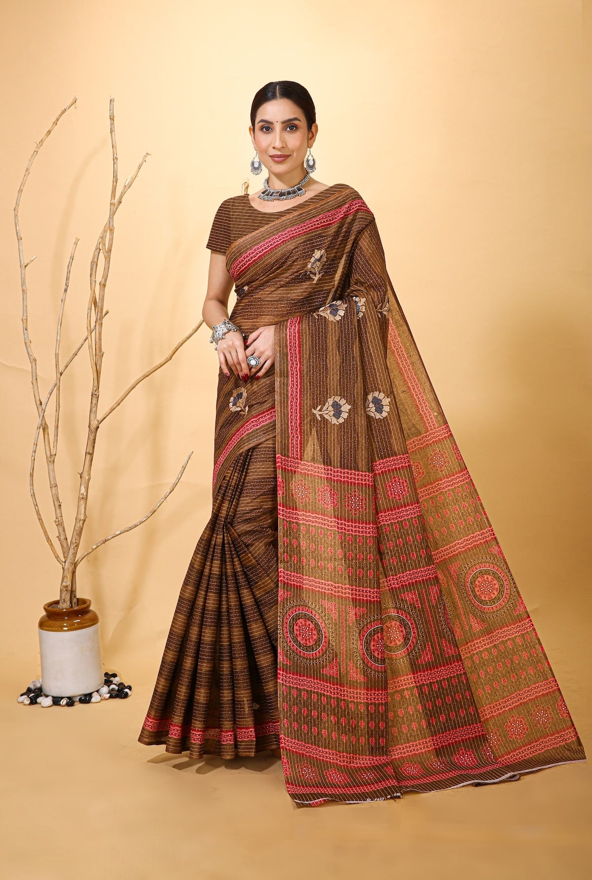 Rangini - Brown Pink Cotton Saree