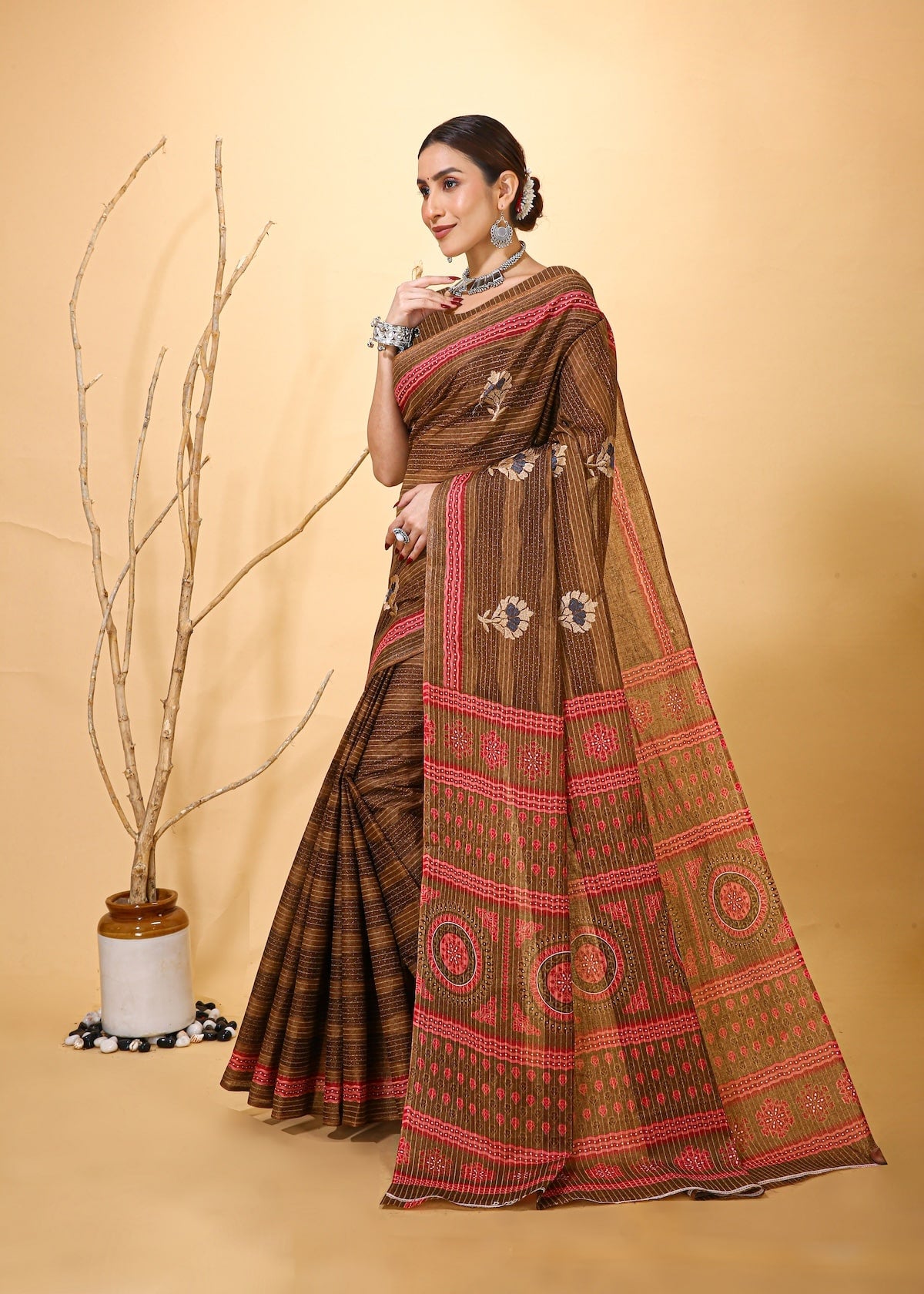 Rangini - Brown Pink Cotton Saree