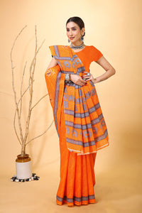 Mridul - Orange Grey Cotton Saree