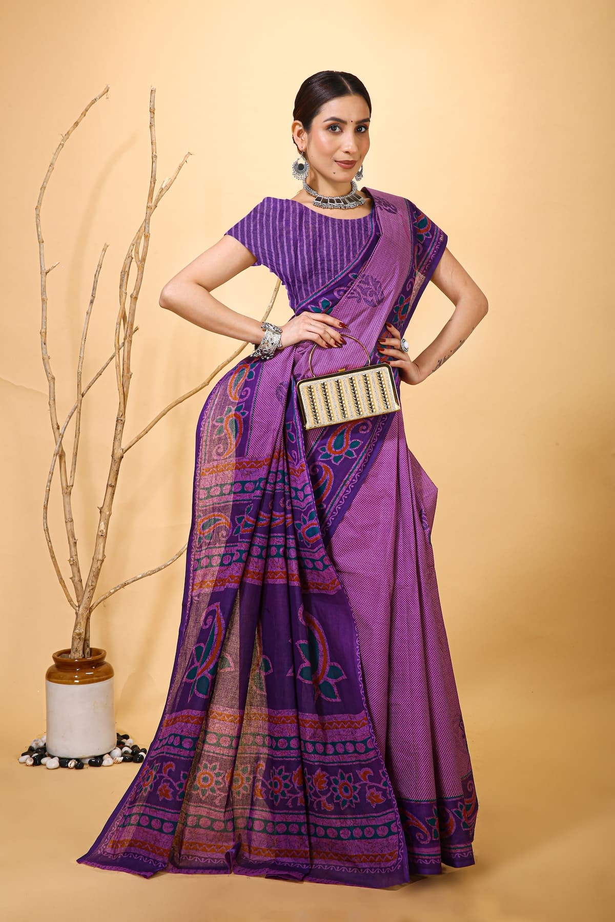 Chandni - Purple Cotton Kairi Print Saree