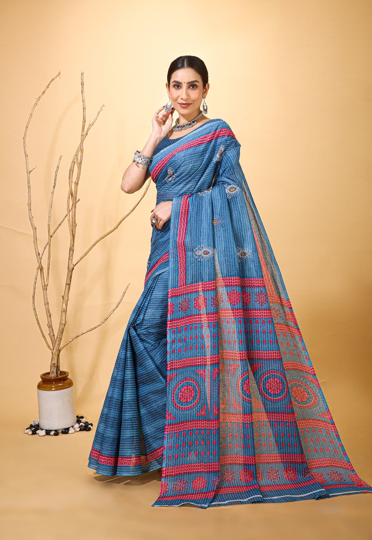 Rangini - Blue Red Cotton Saree