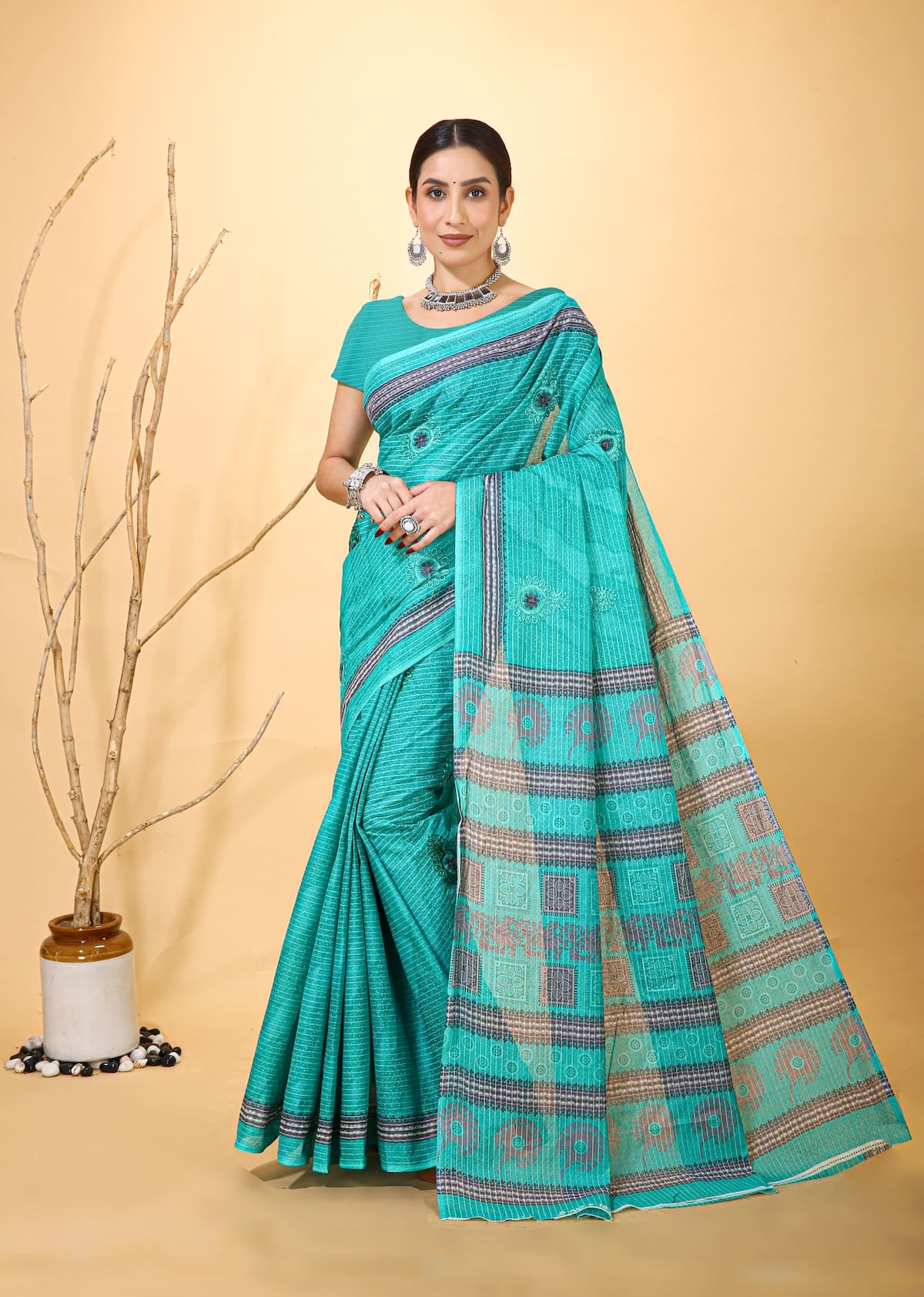 Mridul - Teal Grey Cotton Saree