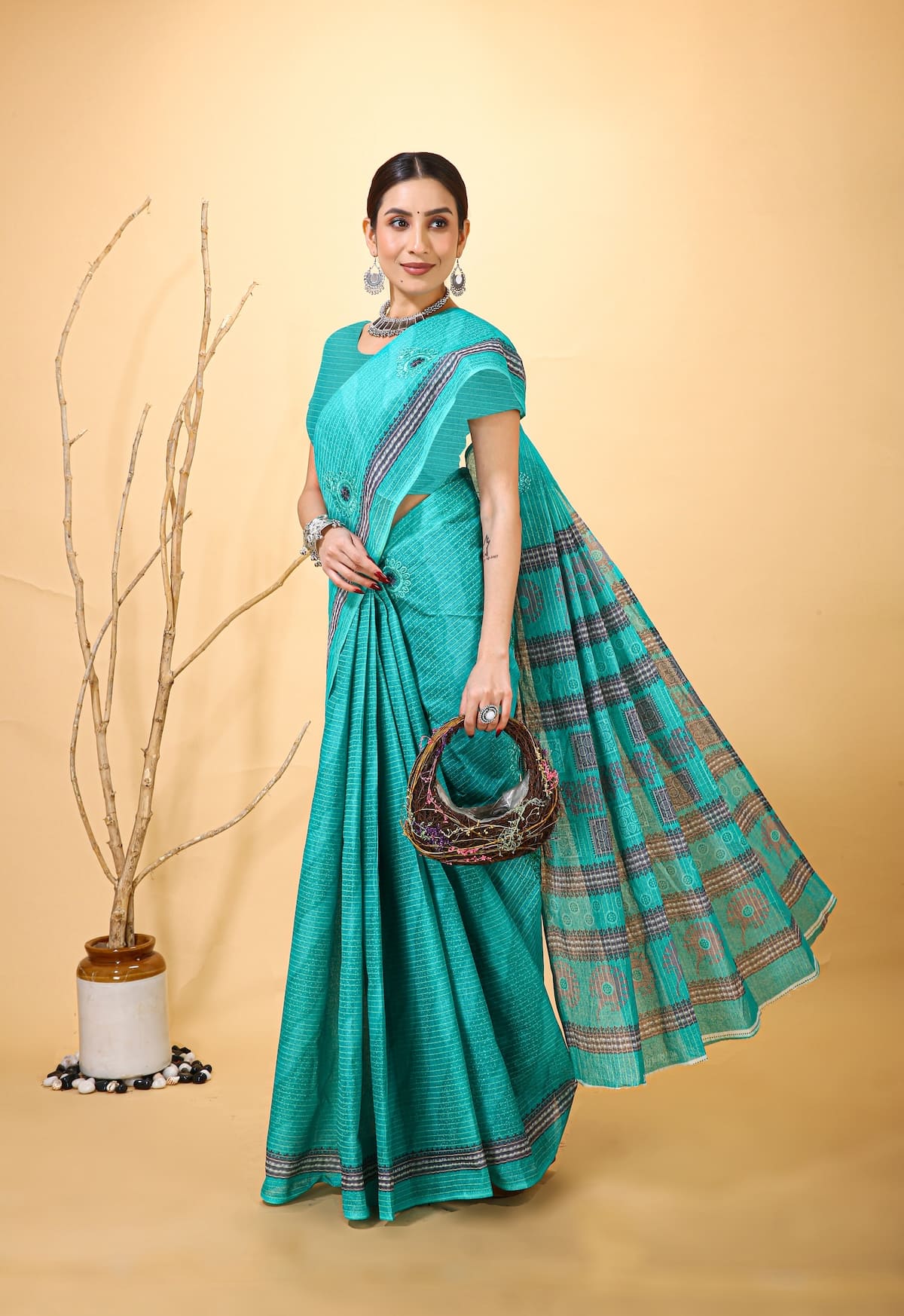 Mridul - Teal Grey Cotton Saree