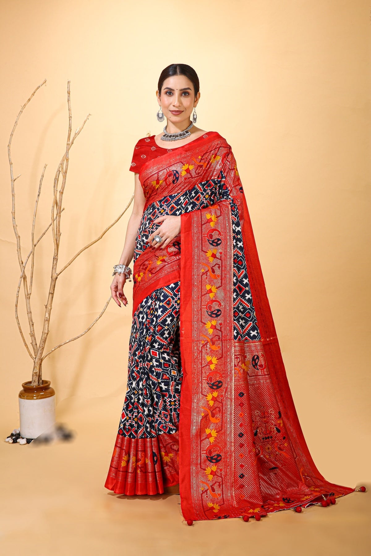 Pratha - Red Blue Silk Patola Print Saree