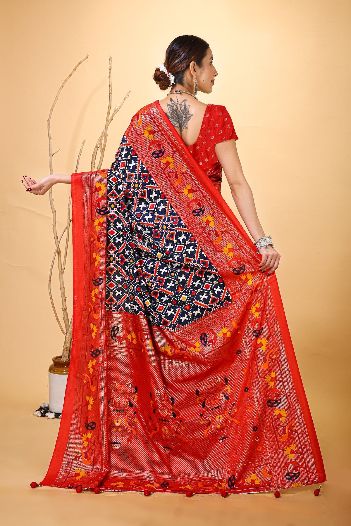 Pratha - Red Blue Silk Patola Print Saree